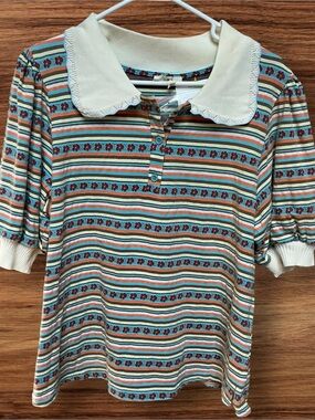 Easel Striped Polo Top with Cream Peter Pan Collar